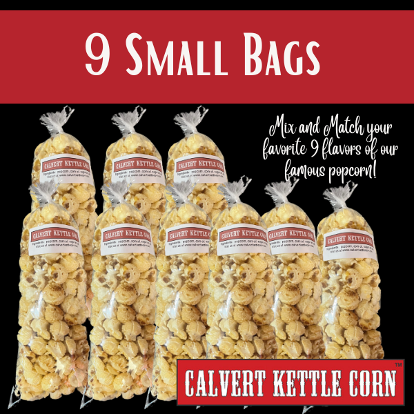 9 Small Bags of Flavored Popcorn Calvert Kettle Corn